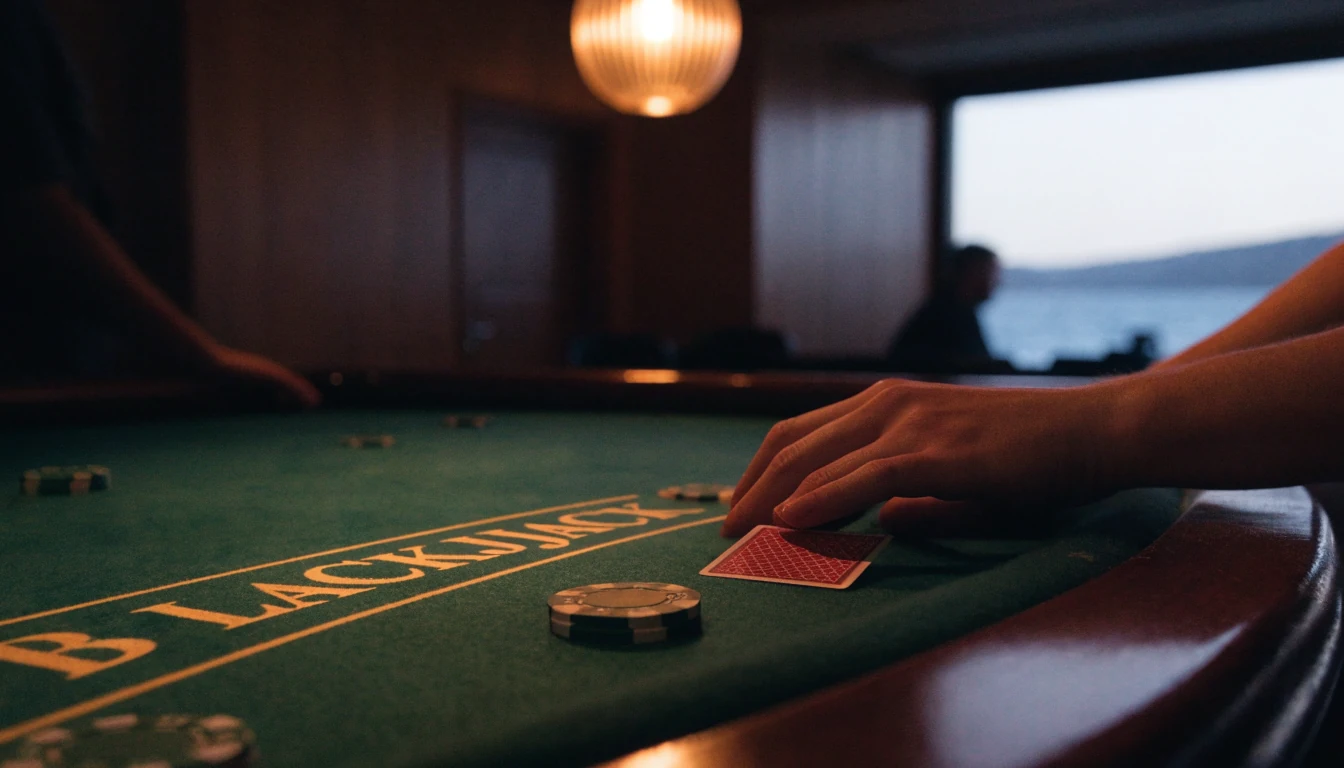 Klassisk blackjack-bord i norsk casinogarde med jetonger og kort