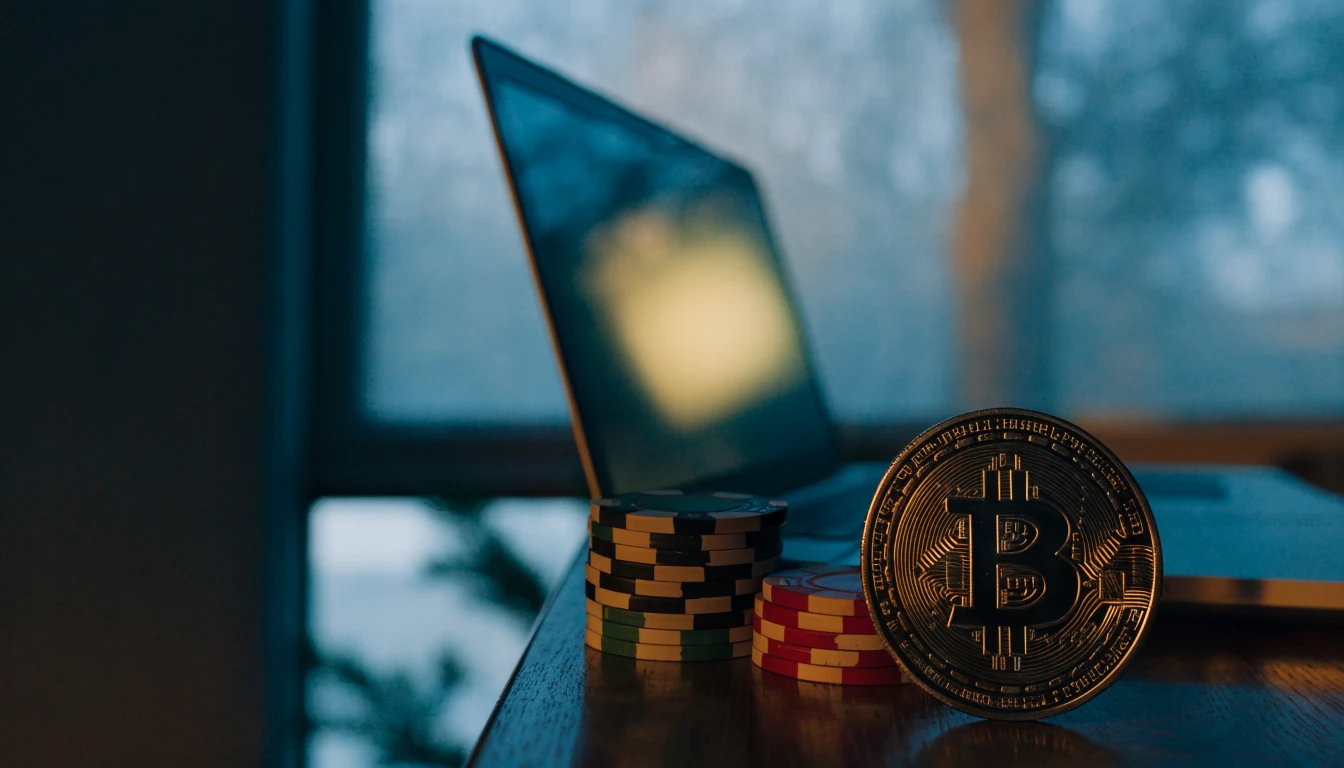 Kryptovaluta-mynt ved siden av pokerjetonger på et mørkt bord