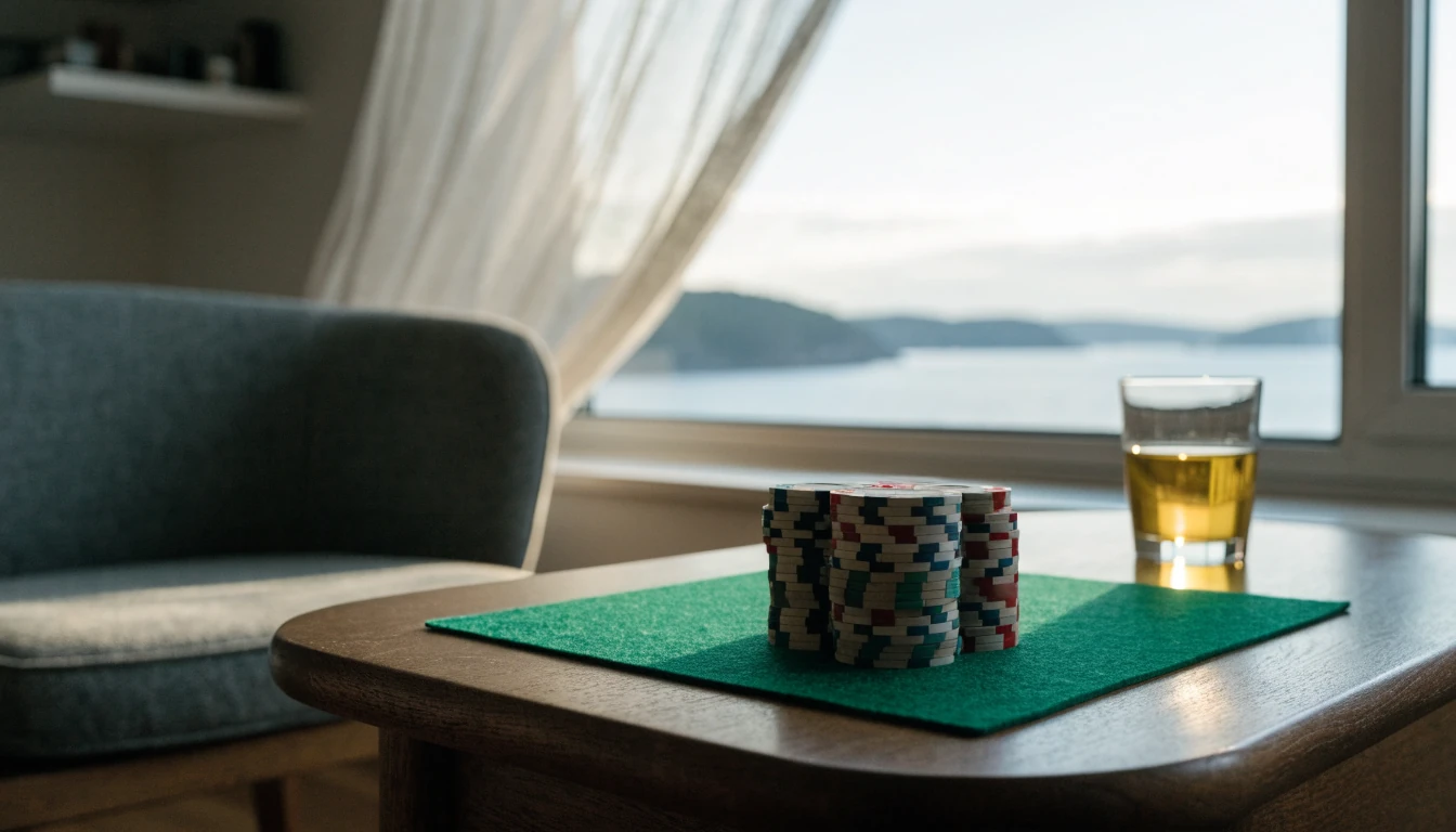 Stabled pokerchips på bord med norsk fjordutsikt i bakgrunnen.