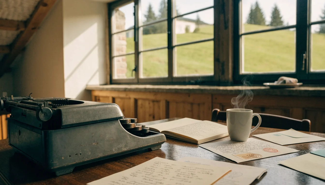 Skandinavisk skrivebord med kaffekopp, notatbok og konvolutter ved vinduet