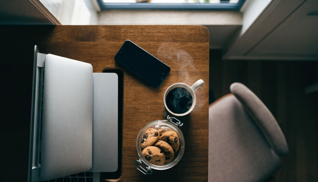 Skandinavisk skrivebord med en krukke med informasjonskapsler, kaffekopp og laptop med skjermen vendt bort.