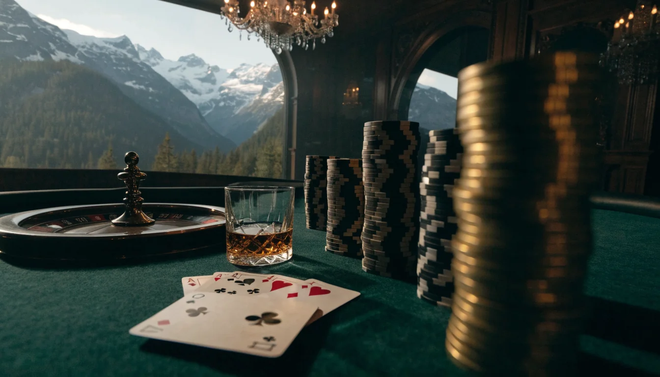 Luksuriøst highroller-bord med rulett, jetonger og kort, norsk fjordlandskap i bakgrunnen