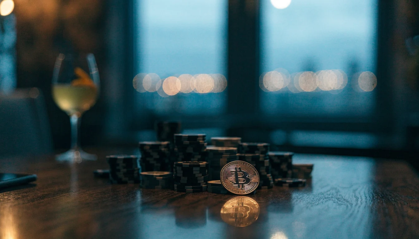 Kryptovaluta og casinobrikker på et bord i en mørk Oslobar