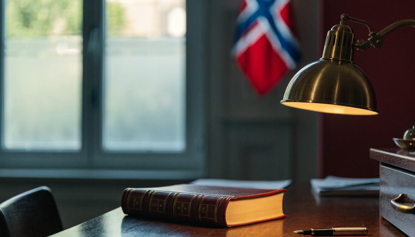 Skrivebord på et norsk juridisk kontor med lærbok og lampe