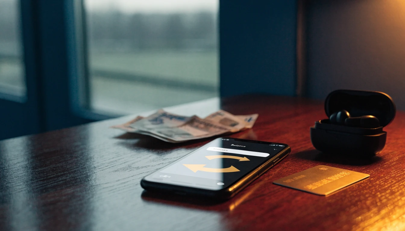 Smarttelefon med e-lommebok-app på skrivebord med bankkort og norske kroner