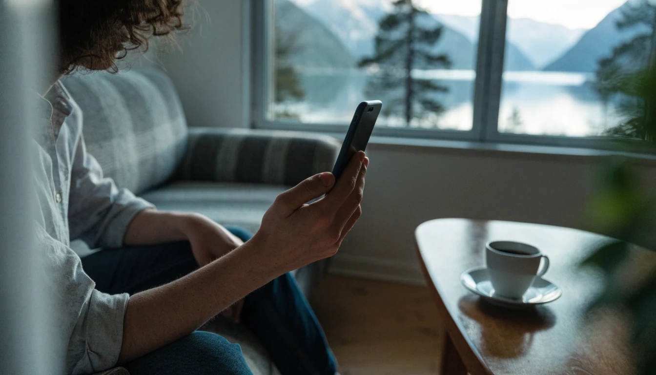Person som slapper av i en norsk stue med smarttelefon i hånden